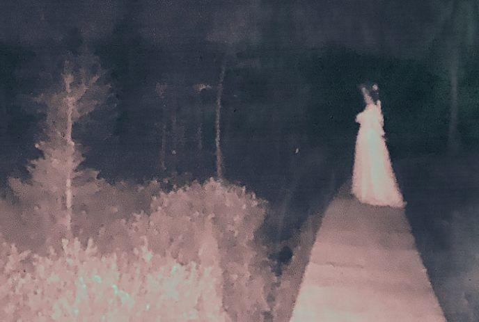 A ghostly figure in a flowing white dress stands on a dimly lit path surrounded by dark trees and foliage at night.