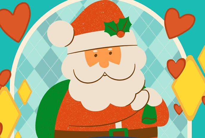 Cartoon Santa Claus in red suit stands inside festive arch, surrounded by colorful hearts and diamonds on green background.