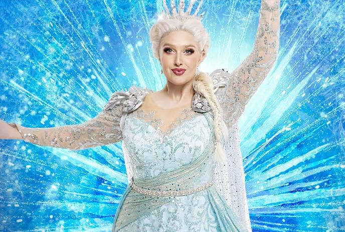 An ice queen wearing light blue and white dress with a tiara, and a blue background behind them.
