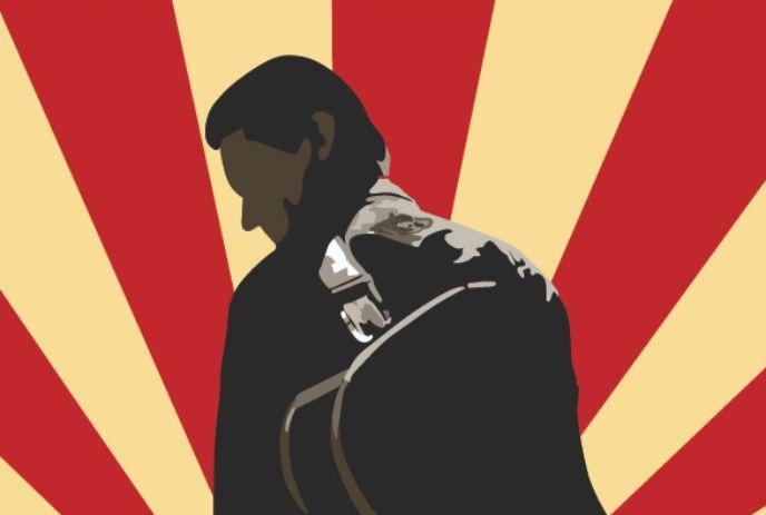 Johnny Cash silhouette with guitar over shoulder on red-yellow sunburst background.