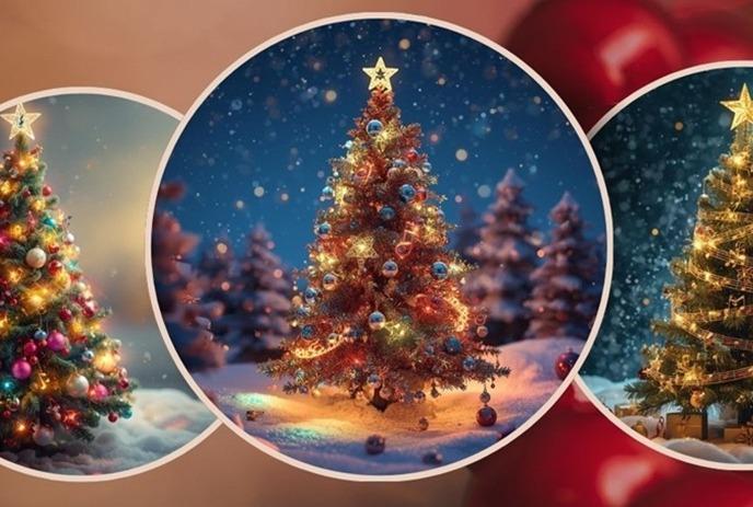 Three festive Christmas trees in snowy night scenes, glowing with lights and ornaments, framed in circular views.
