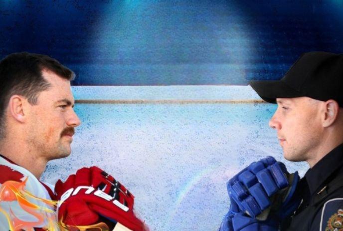 Hockey player and police officer face off on ice in their uniform.