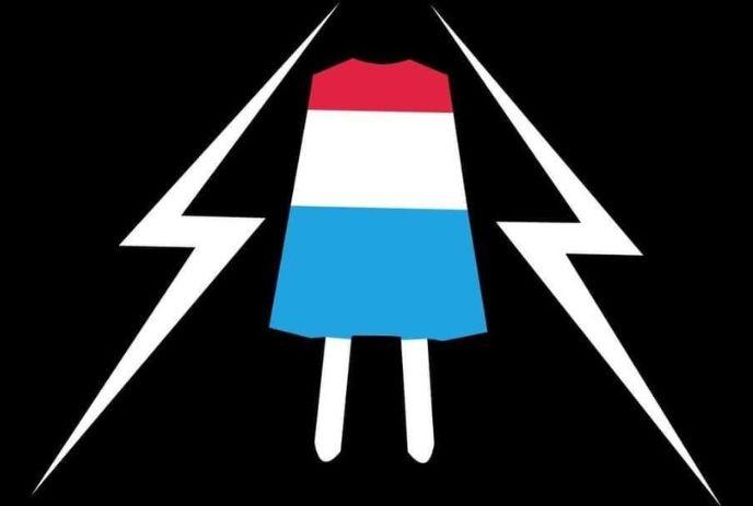 A popsicle in red, white and blue colour with electric bolts on each side under a black background.