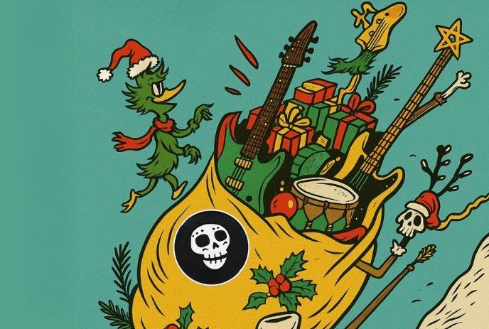 Festive duck in Santa hat with sack of guitars, gifts, skull reindeer, holly, and pine branches.