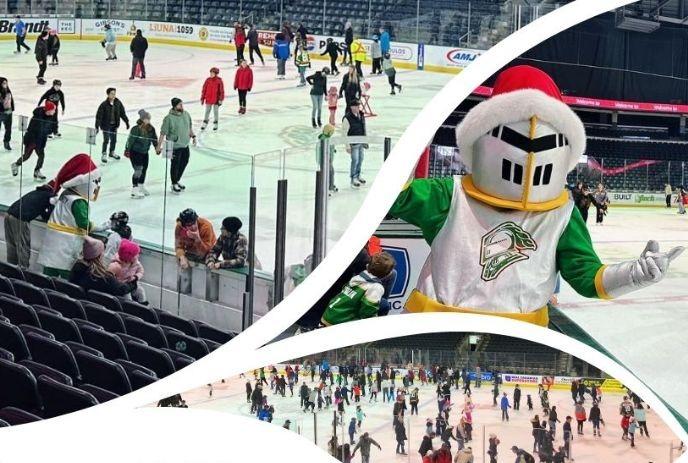 Crowded rink with skating families, London knight's mascot in Santa hat, and festive arena full of movement.