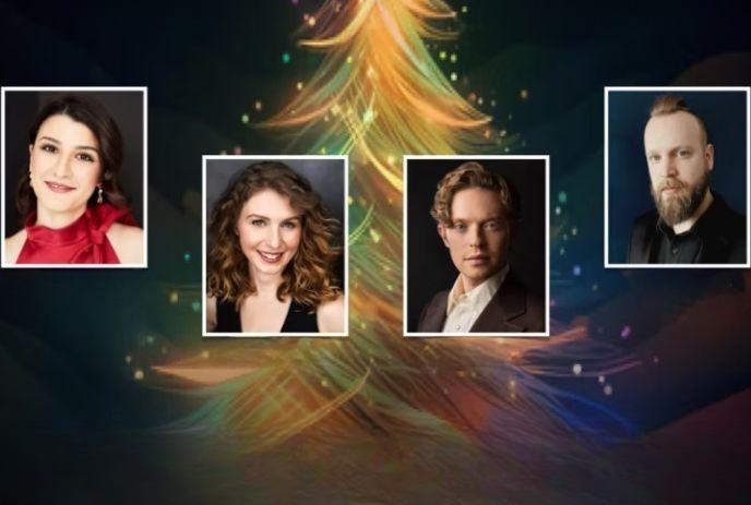 Holiday collage with four portraits and glowing tree with festive design.