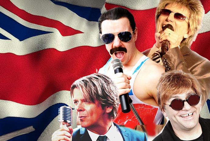 British flag behind a group of tribute singers from famous bands.