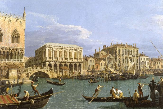 An old painting of Venice with number of boats and people, buildings and water canals in the background.