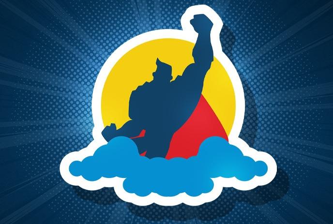 Superhero figure through clouds, arm raised, sun and cape behind under blue background.