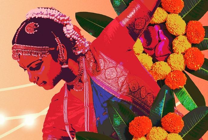 Dancer in saree holds balloon mid-pose beside tableware, set against warm gradient background.