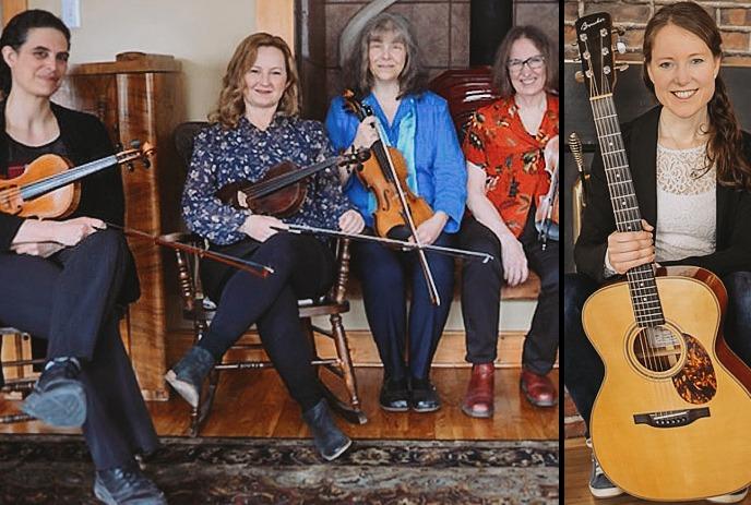 Five musicians pose indoors with violins, viola, and guitar, posing for a picture.
