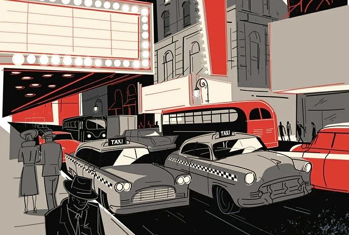 Vintage city scene with taxis, theater lights, and pedestrians in retro attire, evoking mid-century bustle.