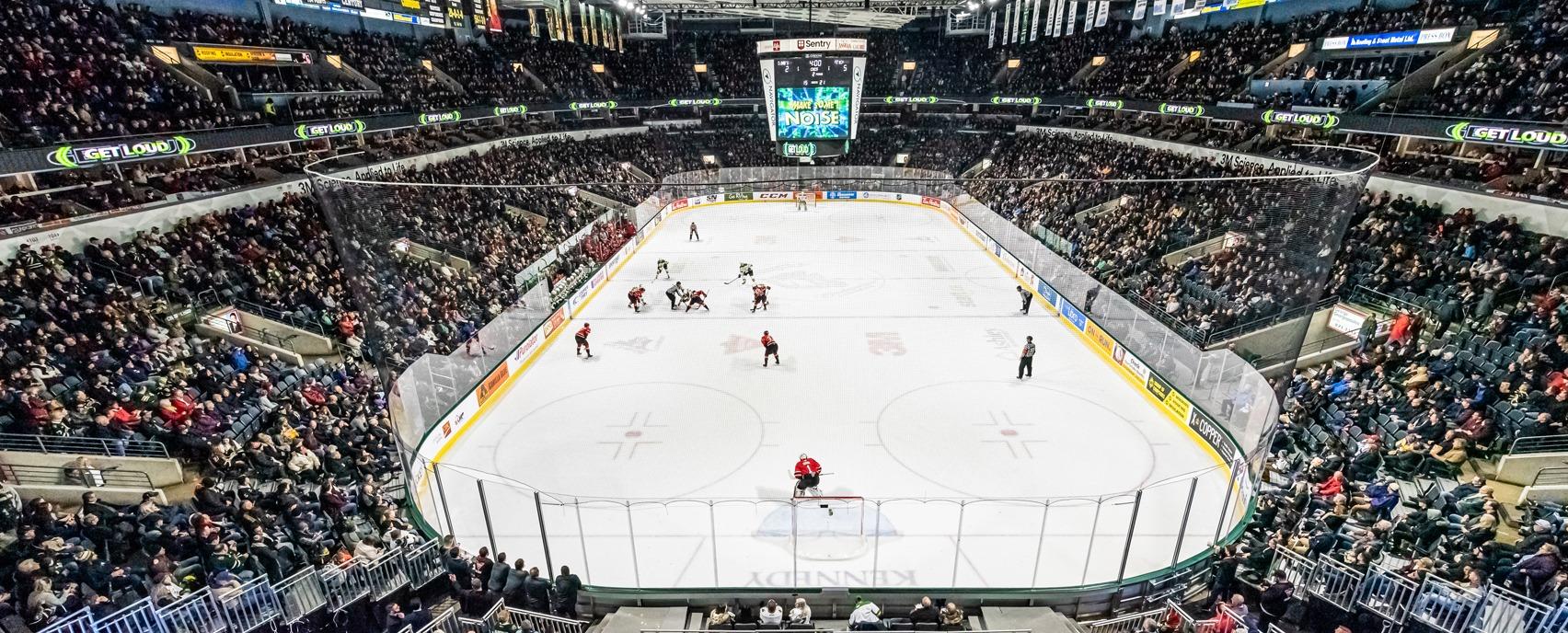 A London Knights hockey game live at a packed Canada Life Place located in London, Ontario