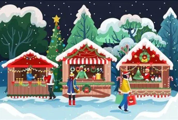 Snowy holiday market at night with festive stalls, pine trees, lights, and people in winter clothes shopping.