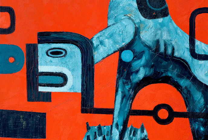 Abstract red-orange art with blue humanoid, black shapes, and mask-like form.