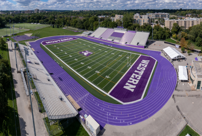 Aerial shot of Western Alumni Stadium, highlighting the track and football field as well as the grandstands