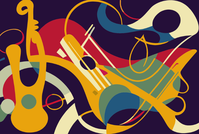 Colourful abstract image of jazz instruments together.