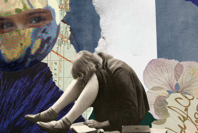 Artistic collage showing seated figure, surreal globe, floral accents, and textured layers.