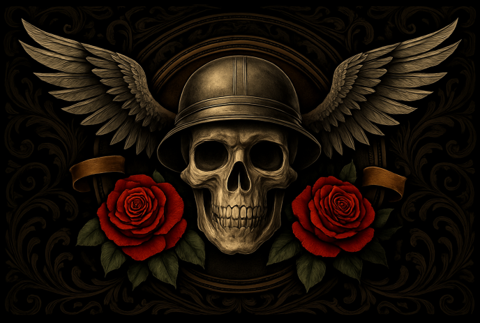 Bronze winged skull in helmet flanked by red roses on ornate black background.