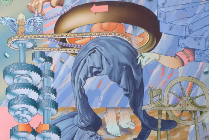 A surreal artwork featuring a faceless figure in a blue cloak surrounded by gears, a spinning wheel, and abstract elements.